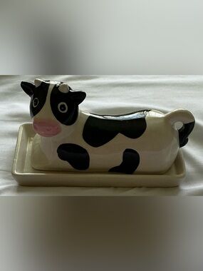VTG Boston Warehouse Farmhouse Black White Cow Hand-Painted Ceramic Butter Dish